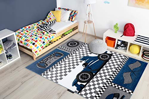 rugsx Kinderteppich Petit für Babyzimmer, Spielteppiche, Kinderzimmer, Race Formula 1 Bolid Auto blau 140x190 cm