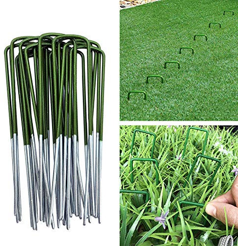 Yuoki99 Rasen, für den Außenbereich, Kunstrasen, Universal, Garten, Heringe, in U-Form, starke Büste, 150 x 25 x 3 mm, Befestigung aus verzinktem Stahl, grün mit feiner abgeschrägten Kanten 30 Stück
