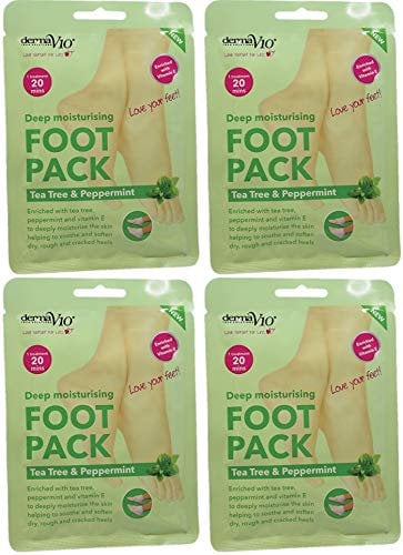Derma V10 Foot Pack Mask (4 Pack) Deep Moisturising Tea Tree and Peppermint Oil, Honey and Almond Oil Moroccan Argan Oil & Hemp Seed Oil (Tea Tree and Peppermint Oil)