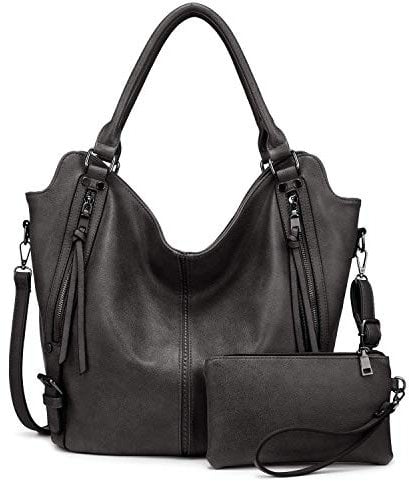 Realer Damen Handtaschen Groß Shopper Lederhandtasche Schultertasche Umhängetasche Geldbörse Hobo Damen Taschen Set für Büro Schule Einkauf Reise 2pcs Dunkelgrau