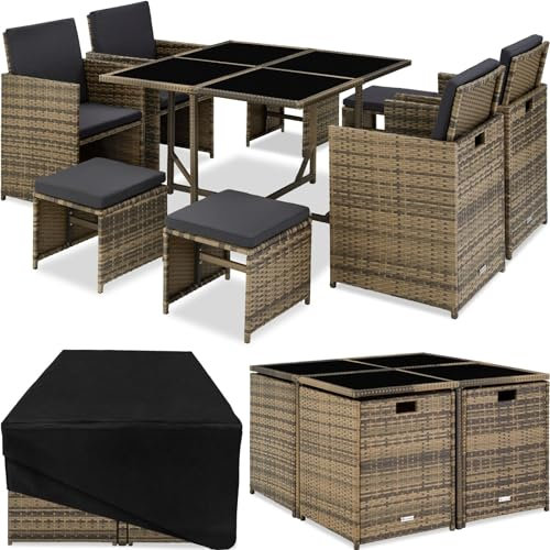 Tectake® Salon de Jardin Extérieur en Poly Rotin - Table, 4 Chaises Confortables, 4 Tabourets, Housse de Protection - Mobilier pour Aménagement Balcon Terrasse - Marron Naturel