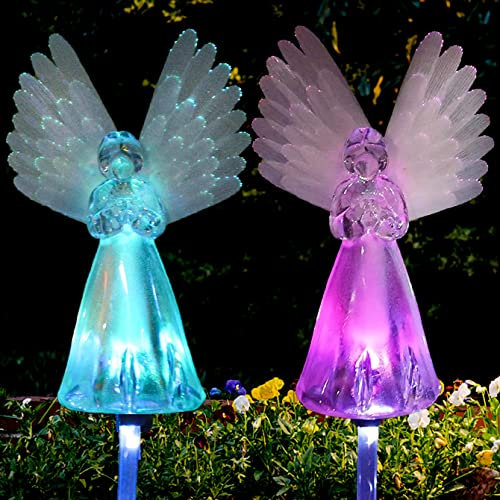 Awinking Paquete de 2 luces solares de ángel para exteriores, luces de camino de paisaje de ángel que cambian de color, impermeables, decoraciones solares de cementerio para tumba, jardín