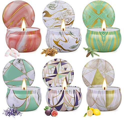 6 Pezzi Candele profumate Set, in 6 Lattina Geometriche, Alleviare Lo Stress e Aromaterapia Cera di Soia Regalo Donna, Durata 12-15 Ore, Regalo per Anniversario San Valentino Mamma Compleanno