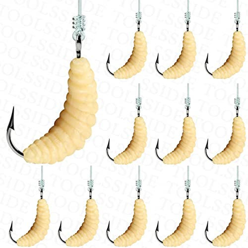 TOOLSSIDE 1 Dozen Soft Plastic Baits (12 Pcs / 24 Pcs / 50 Pcs) - Freshwater Fishing Lures with Hooks #10 - Bass Lures for Trout, Crappie, Pan Fish Fly Fishing - Worms for Fishing (Hooks and Worms)