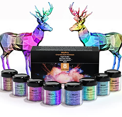 Nicpro 8 Colors Chameleon Mica Powder, Color Shift Mica Powder for Epoxy Resin & Tumbler, Resin Supplies Pigment Powder for Soap Making, Candle, Bath Bombs, Slime, Nail Art, Makeup (5 g/jar)