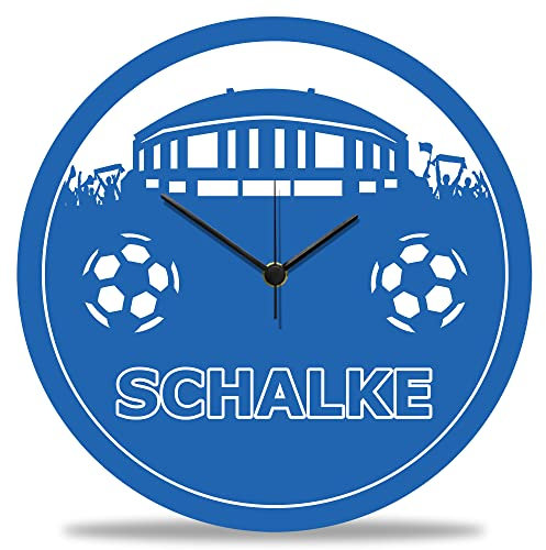 GRAVURZEILE Wanduhr aus Holz - Vereinsliebe Schalke - 100% Lautlos kein Ticken absolut geräuschlos - 30 cm Ø - Design Wanduhren für Wohnzimmer Schlafzimmer & Küche