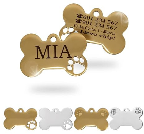 ibera gifts - Chapa Perro Grabada en Forma de Hueso con Patas | Placa Perro Personalizada para Perros y Gatos Medianos y Grandes | Placa Identificativa en Acero Inoxidable (Gr. 1 Huella)