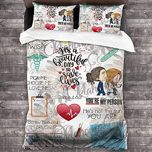 ANSSON Grey's Anatomy Bettwäsche Meredith Bettbezug + 2 Kissenbezug,Atmungsaktiv Mikrofaser Bettwäsche-Sets Erwachsene Bettdecken Bezug (135x200cm+80x80cmx2, Grey5)