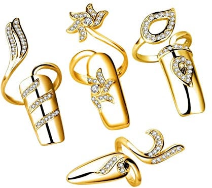 Perfeclan 4 Pieces Crystal Fingertip Fashion Jewelry Nail Decoration Cover Rings - Golden