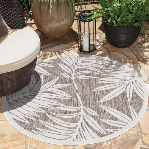 carpet city Teppich Outdoor Wetterfest - Beige - 200x200 cm Rund - Palmen-Blätter - Balkon Teppich Wasserabweisend - In-& Outdoor Teppiche für Terrasse, Garten, Küche, Bad oder Wohnzimmer