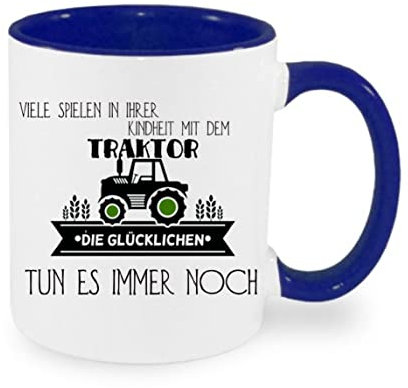 Crealuxe Kaffeetasse - Viele spielen in der Kindheit mit einem Traktor - Spruchtasse, Bürotasse, bedruckte Keramiktasse, Tasse mit Spruch, Hochwertige Kaffeetasse (Blau)
