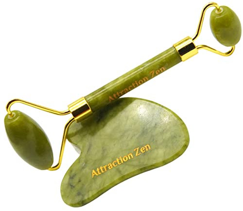 Rouleau de massage et Gua Sha Authentique 100% Naturel - Masseur de visage pour Anti-âge Anti-rides -Roller raffermir la peau, les poches des yeux (Pink)
