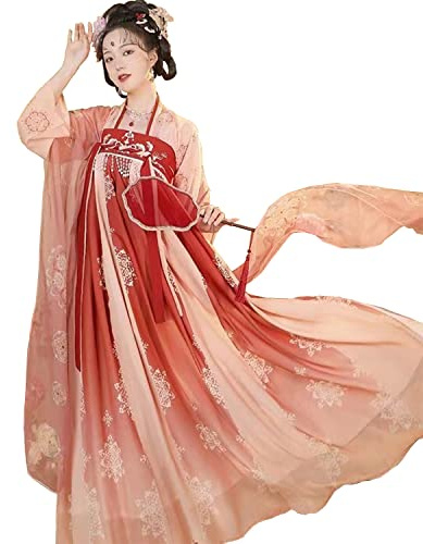 Bonrina Costume traditionnel chinois Hanfu - Robe longue élégante - Jupe trapèze pour vêtements pour femme - Cosplay, performance sur scène - Photographie - Rouge - Taille XL
