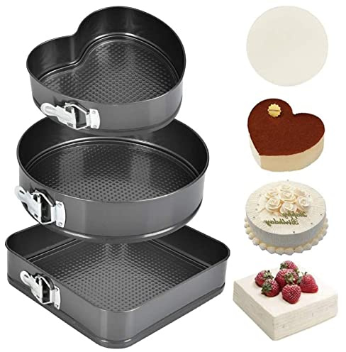 3 teiliges Kuchen Backgeschirr Set, Doppelschichtiges Springform Set, Karbonstahl, Runde Herzform, Quadratisch, Einfach zu Lösende Form, Antihaftbeschichtung, für Die Küche(22.20.24)
