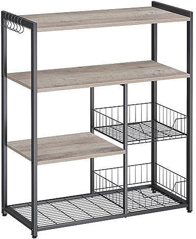 VASAGLE Estantería de Cocina con 2 Cestas de Malla Metálica, Estantería para Microondas, con Estantes y Ganchos, 35 x 80 x 95 cm, Estilo Industrial, Greige y Negro KKS096B02