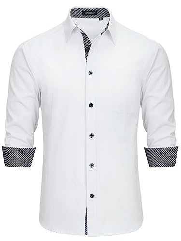 HISDERN Mens Shirts White Black Long Sleeve Shirt for Men Formal Button Shirts Causal Regular Fit Dress Shirt L