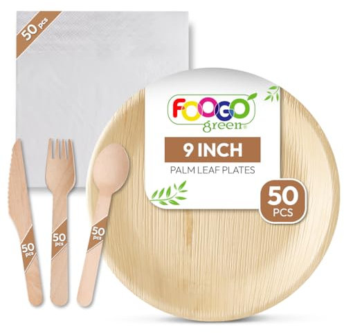 FOOGO Green 250pcs Disposable Palm Leaf Plates, Wooden Cutlery Set and White Napkins, FSC® Certified, 50x Large Round Plates, 50x Forks, 50x Knives, 50x Spoons, 50x White Napkins, Eco Biodegradable
