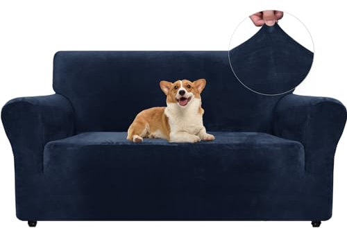 Ystyle Samt Sofabezug 2 Sitzer, Stretch Sofa Überzug, Sofaschoner rutschfest, Elastischer Couch Überzug, Sofa Cover Mit Armlehnen, Couchüberzüge Sofaschutz Katze Couch Überwurf, Dunkel Blau
