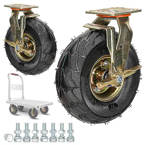 Schwerlast Luftreifen Gummi Stielrollen Ø 200mm 250mm 2er Set, Industrie Transportroller Mit Bremse, Schrauben & Metallplatten, 360°Drehbar Keine Spuren & Leise Trolleys Ersatz Rollen ( Color : Brake