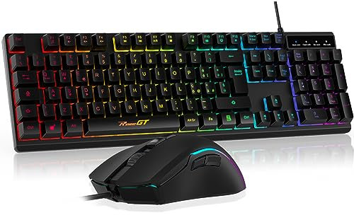 Combo Teclado y Ratón con Cable, RaceGT Ratón y Teclado Gaming Iluminación LED RGB, Silencioso, Layout Español con Teclado numérico para Ordenador, Ordenador portátil, PC, Windows/MacOS/Linux-Negro