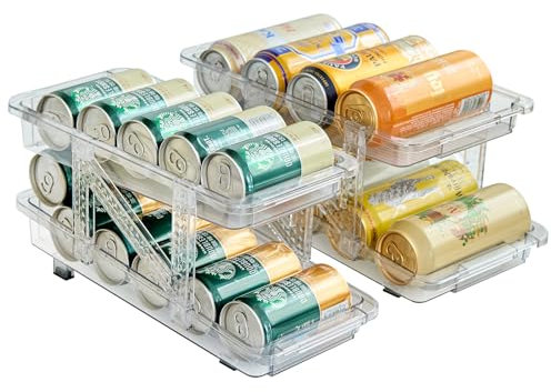 Hossejoy 2 Packs Adjustable Width Soda Can Dispenser for Refrigerator, Plastic Double-Layer Automatic Rolling Beverage Storage Organizer for Pantry, Freezer, Cabinets