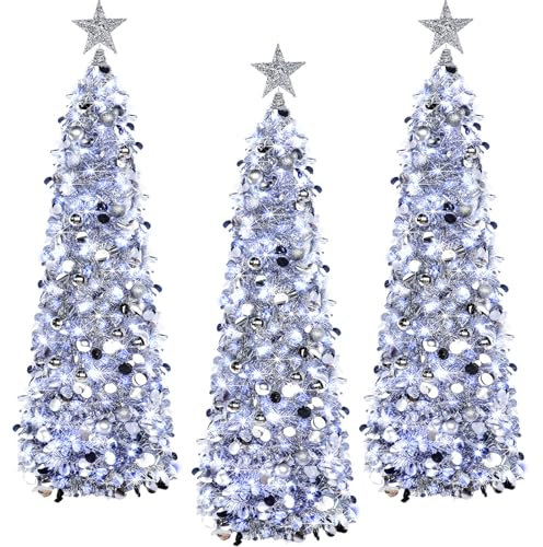 Jenaai 3 Pcs Artificial Christmas Tree 5ft Collapsible Pencil Pop up Christmas Tree Christmas Ornaments with Lights Silver Christmas Balls Christmas Tree Topper for Xmas Holiday Party Decoration