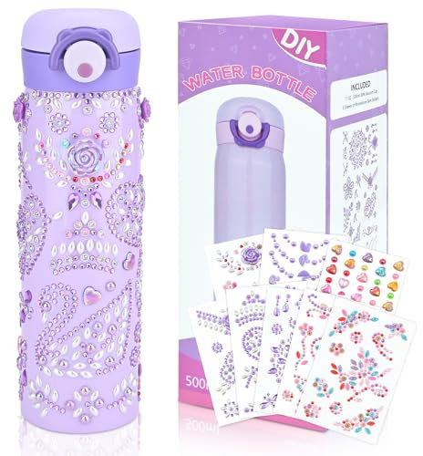 Tuaeccki DIY Water Bottle for Girls Decorate Your Own Water Bottle Craft Kits for Kids with 8 Glitter Gem Stickers Leakproof BPA Free Art and Crafts for Age 5 6 7 8 9 10 11 Years Old Girls Boys Purple