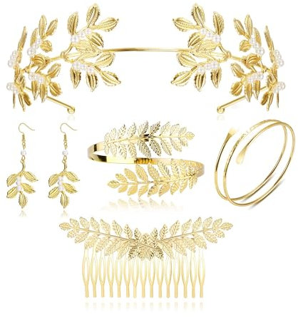 YADOCA 6Pcs Griechische Göttin Kostüm Zubehör Set für Frauen Gold Arm Manschette Armband Blatt Stirnband Krone Griechisch Haar Kamm Blatt Haar Clip Dekorationen Braut Hochzeit Schmuck