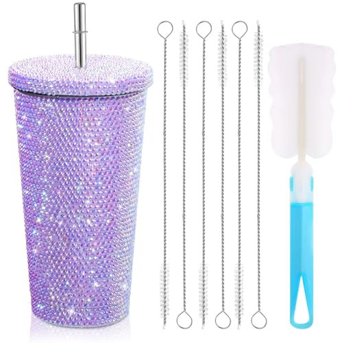 EHOTER Studded Bling Diamond Tumbler Glitter Water Bottle with Lid Stainless Steel Vacuum Thermal Straw Tumbler Rhinestone Tumbler with 1 Pcs Cup Brush 6 Pcs Straw Brushes for Women (Purple)