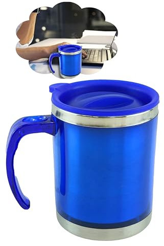 Desk and Travel Mugs Reusable Coffee Cups- 450ml| Thermal Insulated Vacuum Insulation Double Wall Stainless Steel Bottle for Hot Cold Drinks Camping (Blue, Desk Mug with Handle)