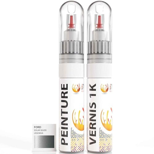 ipixline Kit Retouche Peinture Carrosserie Voiture - Stylo Correcteur Peinture Auto 30 ml, Vernis Brillant 1k 30 ml - Compatible avec Ford - Solar Silver LNSEWHA