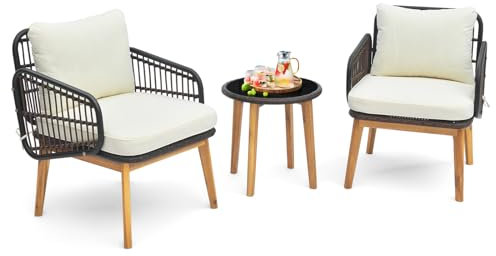 COSTWAY 3PCS Rattan Bistro Set, String Garden Furniture Set with 2 Armchairs, Glass Coffee Table, Cushions and Acacia Wood Legs, Outdoor Wicker Conversation Table Chair Set for Deck Yard Terrace