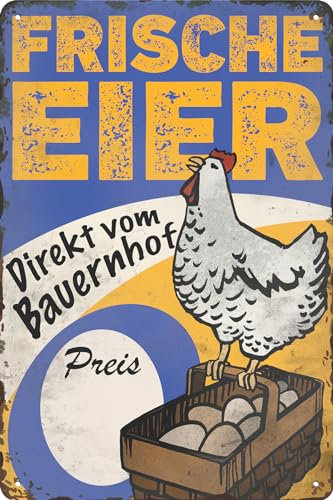 LUCKYLINDE - Wetterfestes 30 x 20 cm Blechschild – Hühner Schild – Frische Eier - für Hühner Fans, Eier Verkauf Hinweis Schild