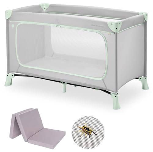 hauck Baby Reisebett Set Dream n Play Plus mit Matratze und Moskitonetz - faltbares Kinder Babyreisebett mit Tasche und großem Eingang - Dusty Mint