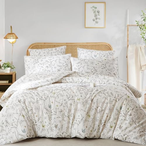 Lanqinglv Bettwäsche 135x200 4 Teilig Baumwolle Weiß Blumenmuster,Pflanzen Blätter ÖKO-TEX Bettwäsche Set Schmetterling Bettbezug mit Reißverschluss und 2 Kissenbezug 80x80 cm