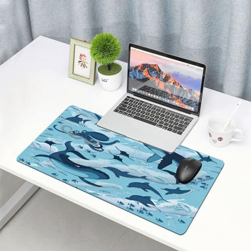 EYLOZS Großes Gaming-Mauspad mit genähten Kanten,mit rutschfeste Unterseite,Dekoration von Meerestieren, Meeresbewohnern, Walen, Delfinen, Kraken,Cooles Schreibtischpad für Tastatur und Maus,40x90 cm