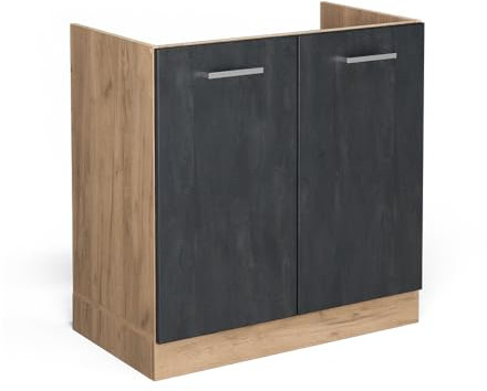 Vicco Spülenunterschrank R-Line, Schwarz Beton/Goldkraft Eiche, 80 cm ohne Arbeitsplatte