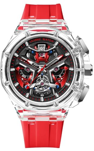 rorios Herren Mode Uhren Spezielle Transparente Armbanduhr Analog Quarz Uhr Multifunktional Herrenuhren mit Gummi Armband für Teenager Männer Rot