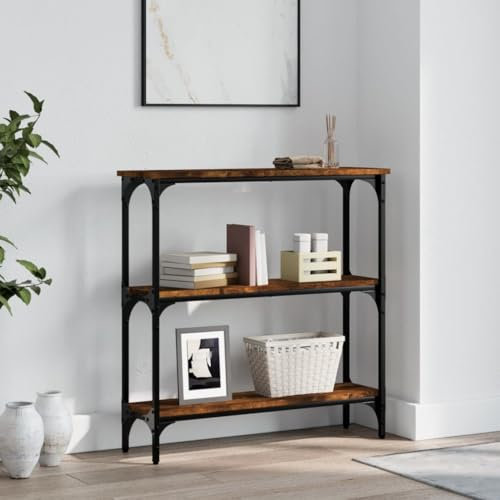 FENLAX Table console avec étagères - 75 x 22,5 x 75 cm - Meuble de salon - Table d'appoint - Table d'appoint - Table d'appoint - Table de couloir étroite avec étagères - Bois et métal - Chêne fumé
