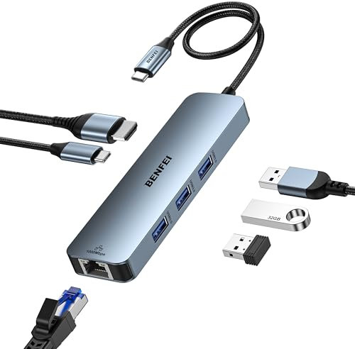 BENFEI HUB USB C 6-en-1 avec HDMI(4K@60Hz), Gigabit Ethernet, 100W PD, 3*USB 3.0, câble en Silicone, boîtier en Aluminium Compatible avec iPhone 15 Pro/Max, MacBook, iPad Pro, iMac, S23, XPS17