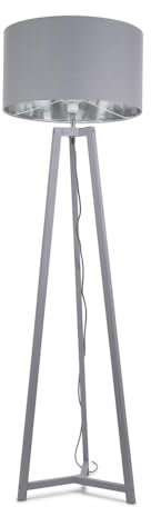 Grey Wood Tripod Floor Lamp with Grey/Chrome Drum Lampshade Living Room Light