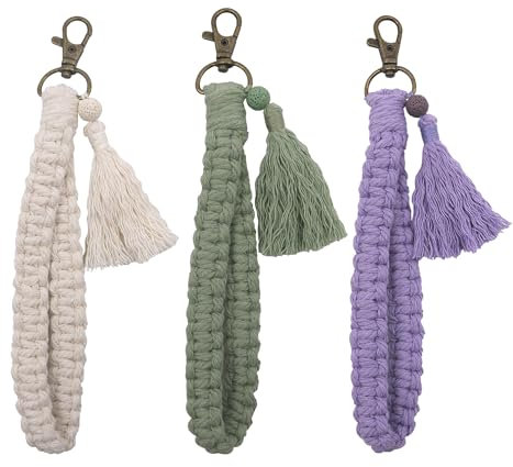Bafiwu 3 Stück Schlüsselanhänger Makramee Armband Schlüsselband Frau Quaste Anhänger für Schlüssel, Autoschlüssel (weiß, grün, lila)
