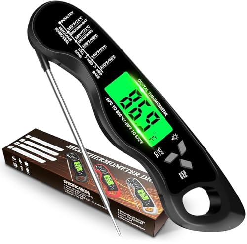 Aouplry Meat Thermometer Digital,Instant Read Food Thermometer with Backlight LCD Screen, IP67 Waterproof Foldable Long Probe & Auto On/Off, Perfect for Cooking,BBQ,Candy Making (Black)