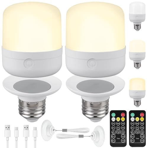 2 Stück Glühbirne e27 Mit Fernbedienung, Abnehmbar LED Glühbirnen, Magnetische USB Wiederaufladbare Glühbirne E27, Notlicht mit Schlüsselband, glühbirne e27 dimmbar für Outdoor-Camping, Leselampe