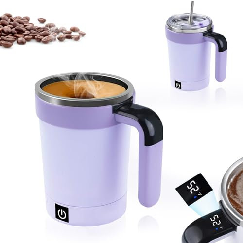 Mug Auto Mélangeur, 380 ml Magnétique Tasse Melange Automatique Étanche avec Affichage LCD de Température, USB Tasse Cafe à Agitation Automatique en Acier Inoxydable avec Base Détachable et Paille