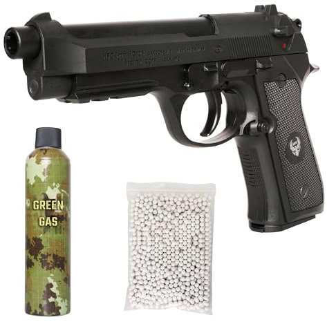 Pistola Softair Beretta 92 FS Gas, Bundle Completo: Pistola a Pallini, Green Gas 400ml, 1000 Pallini 6mm, Airsoft, Pistole Softair, colore nero