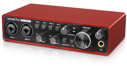Jindaaudio USB-Audio-Interface für Computeraufnahmen (rot), 2-Kanal-Gitarren-Audio-Interface, 32Bit/192kHz Podcasting Streaming mit 48V Phantomspeisung