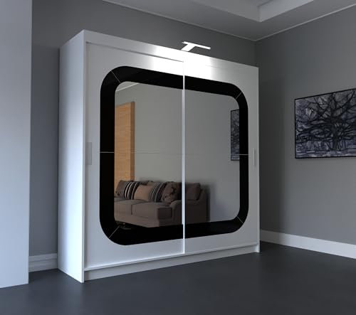 Modern Sliding Door Wardrobe with Shelves & Hanging Rails – 3 Sizes – Stylish Matte Finish – White, Black, Grey, or Oak – Bedroom Closet Storage Organizer (White, 203cm)