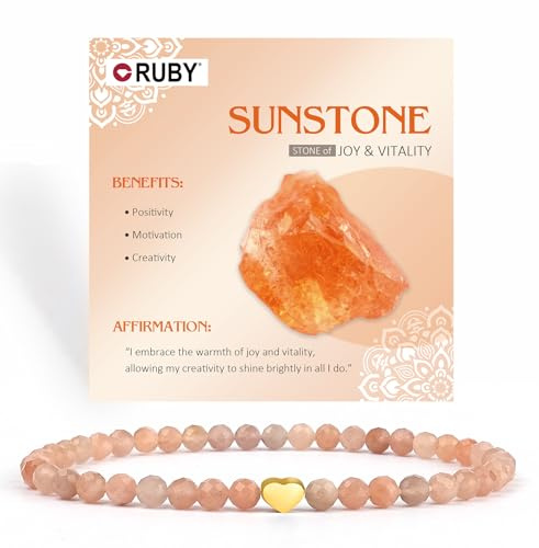 RUBY Edelstein Perlen Armband für Frauen, 4mm Perlen und 18K Vergoldet Edelstahlherz Armbänder Damen,elastischer Schmuck Yoga,Geschenk zum Muttertag-Inklusive Geschenkbox Holz