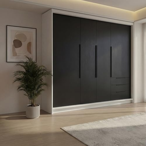 A&J MöbelLand KLARI Kleiderschrank 4-türig mit 3 Schubladen – 200 x 215 cm – Drehtürenschrank mit Kleiderstange und Einlegeböden